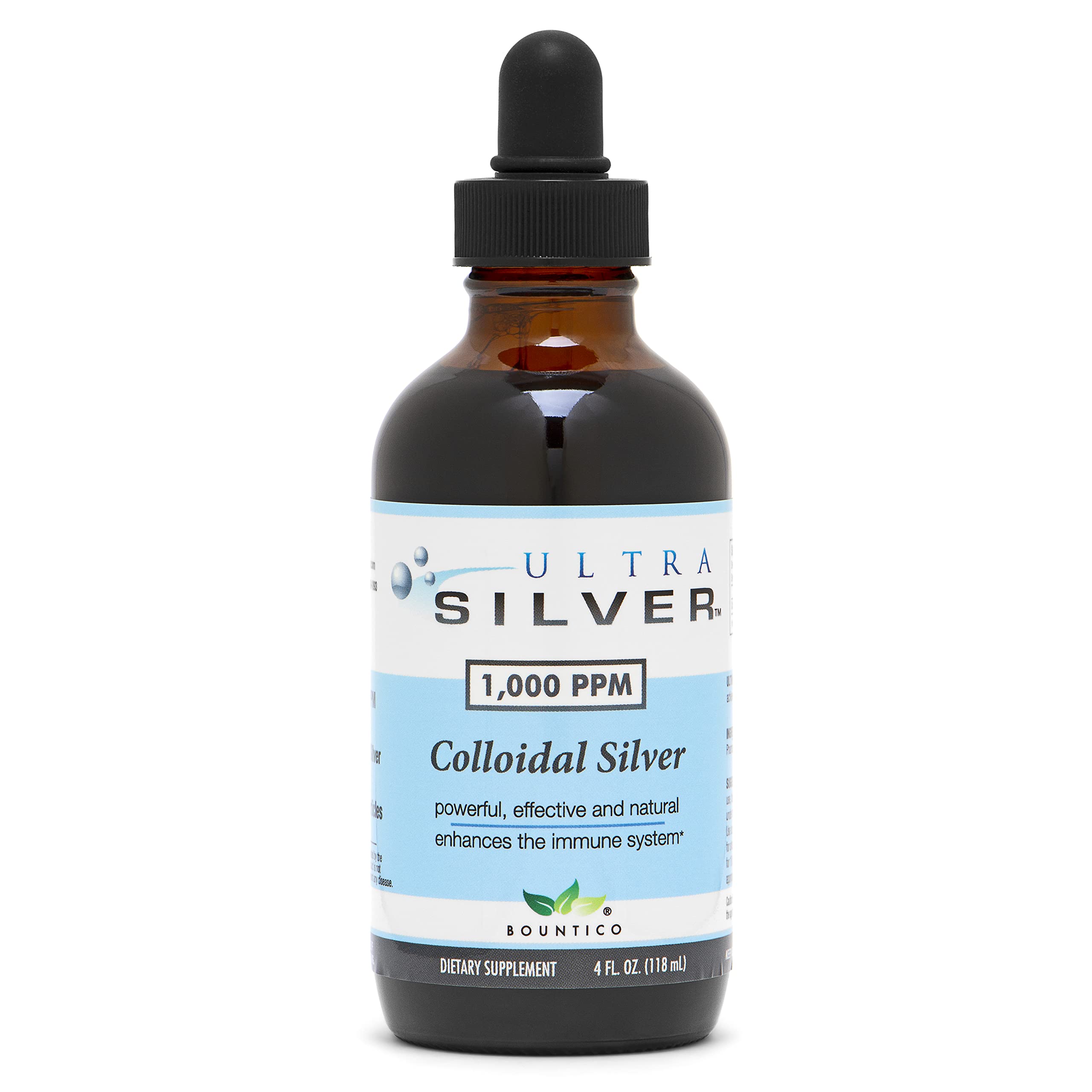 Ultra Silver bottle front view showing true colloidal silver color.