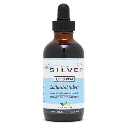 Ultra Silver bottle front view showing true colloidal silver color.
