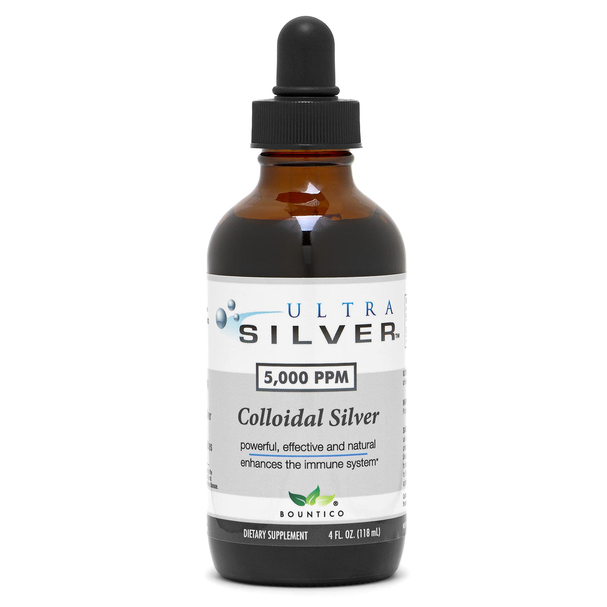 Ultra Silver colloidal silver bottle with dropper, easy at home use and storage stability.