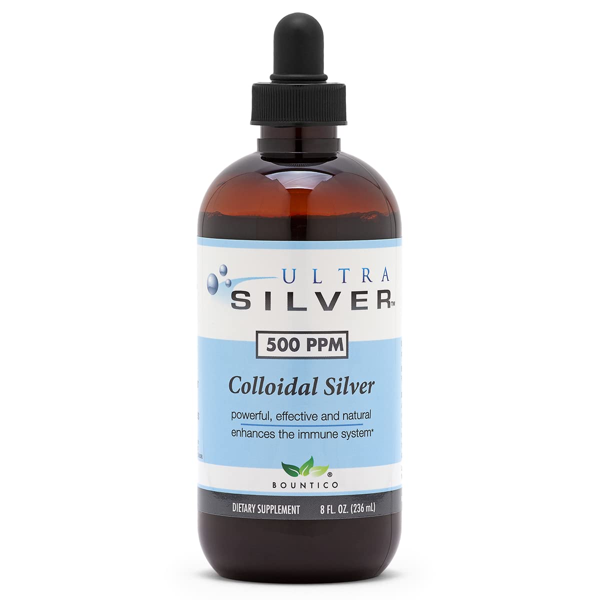Ultra Silver colloidal silver bottle showcasing long shelf life and clear labeling.