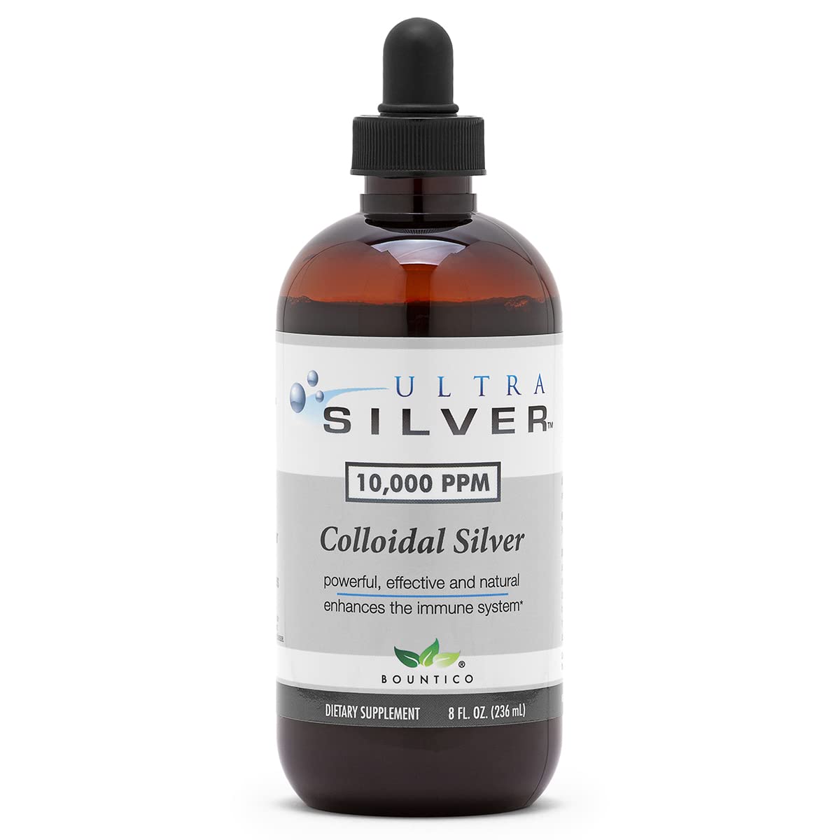 Ultra Silver colloidal silver bottles in amber glass for long-term storage