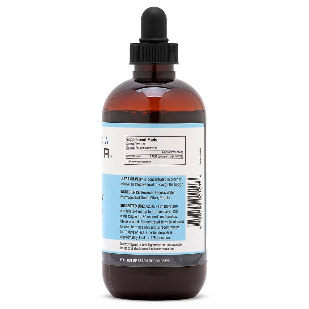 Ultra Silver Colloidal Silver color shifts from golden amber to brown, indicating concentration.