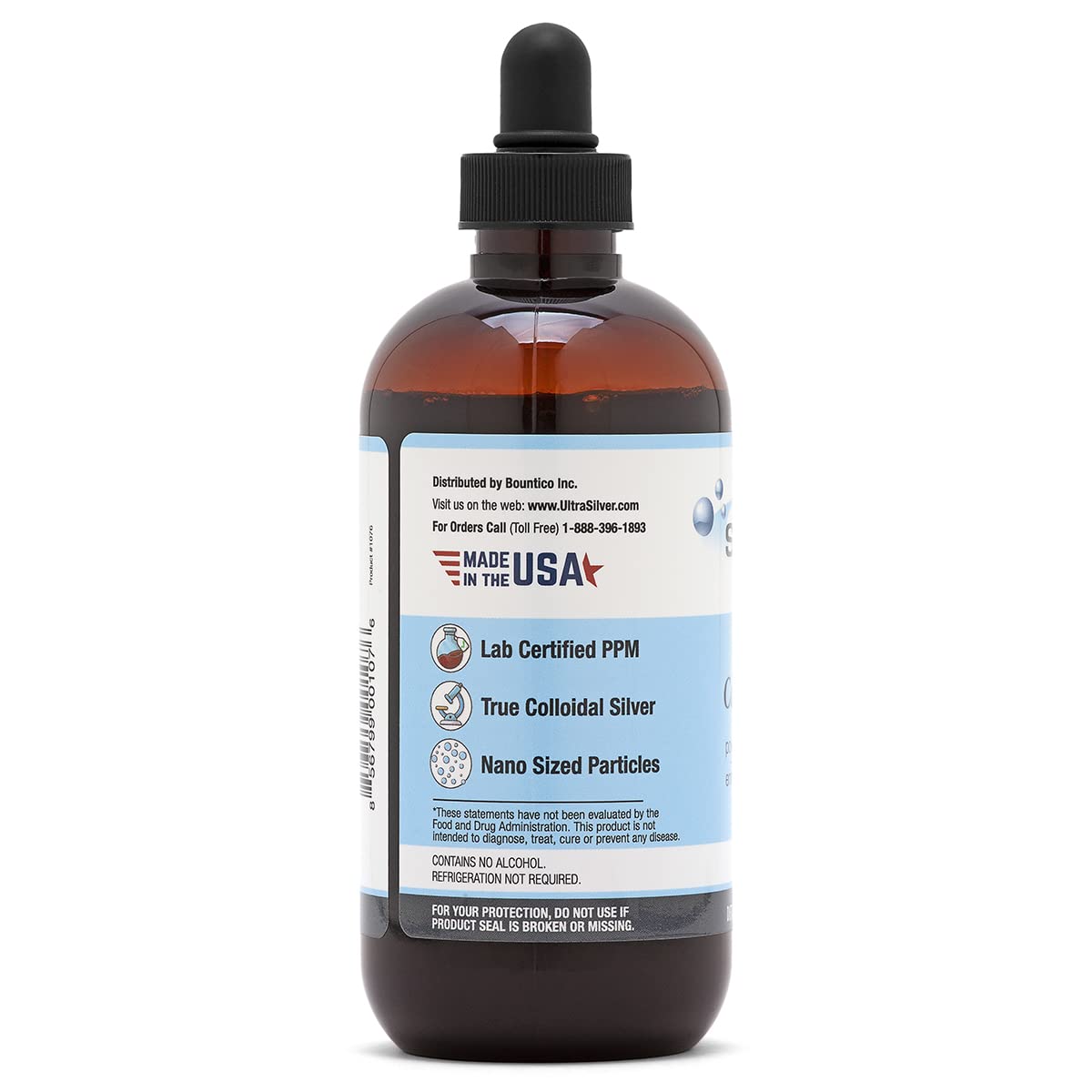 Ultra Silver Colloidal Silver label shows lab-certified PPM concentration.