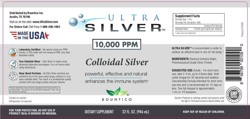 Ultra Silver label shows 10,000 PPM concentration for premium strength