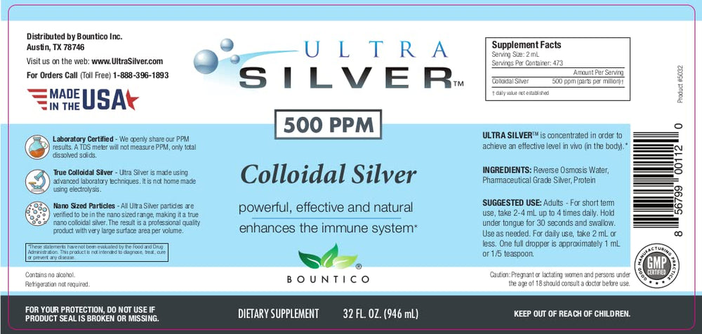 Ultra Silver Colloidal Silver ppm-label highlights verified lab concentration for trust
