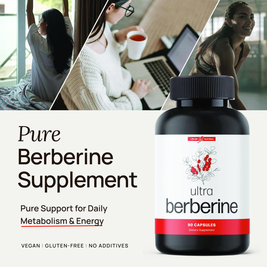 Ultra6 Berberine capsules label close-up emphasizing vegan gluten-free ingredients.
