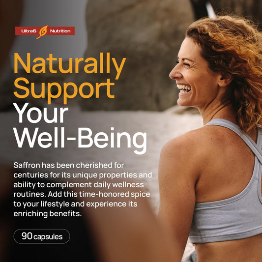 Ultra6 Nutrition Happy Saffron bottle for easy daily mood support.