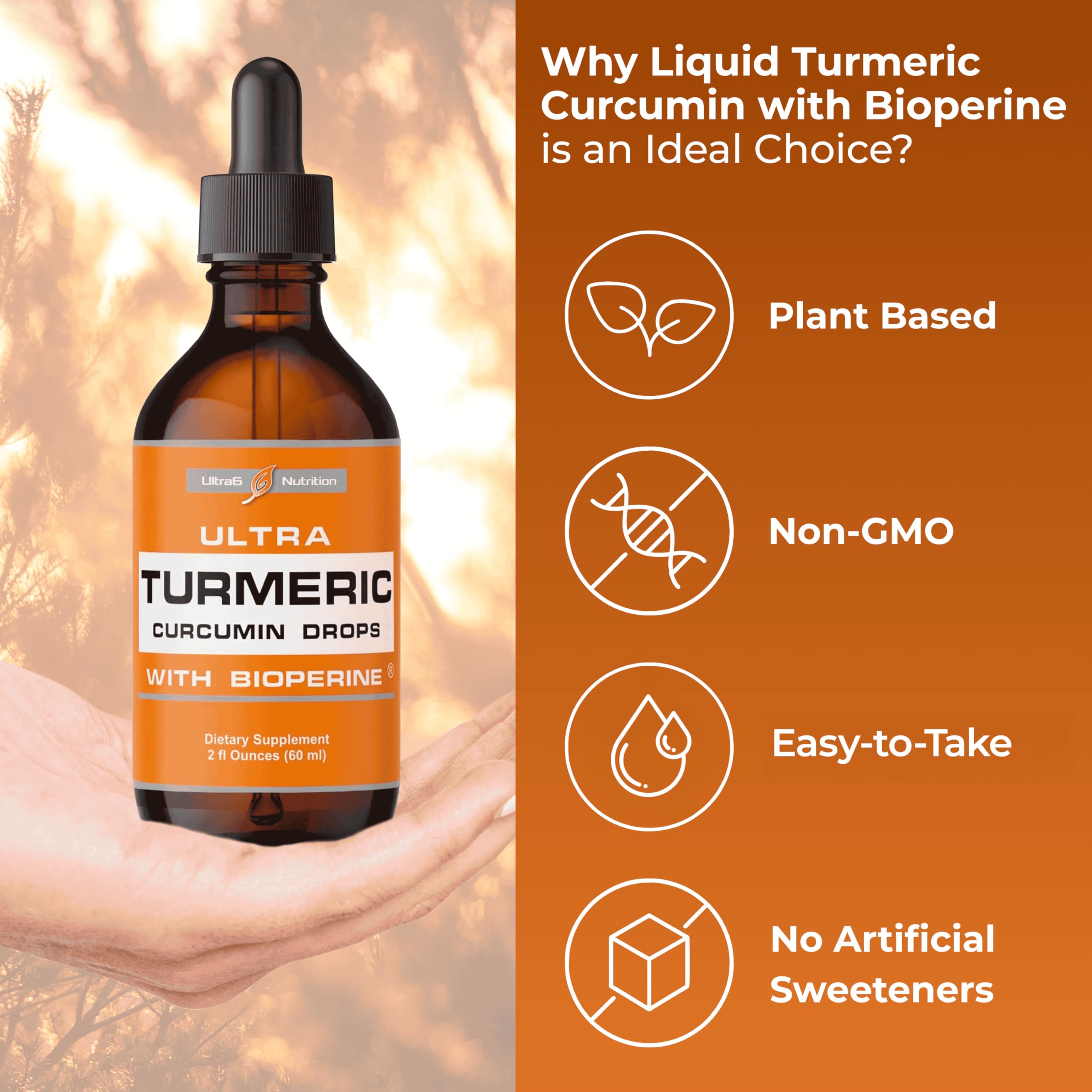 Ultra6 Nutrition turmeric extract dropper for precise drops in beverages.