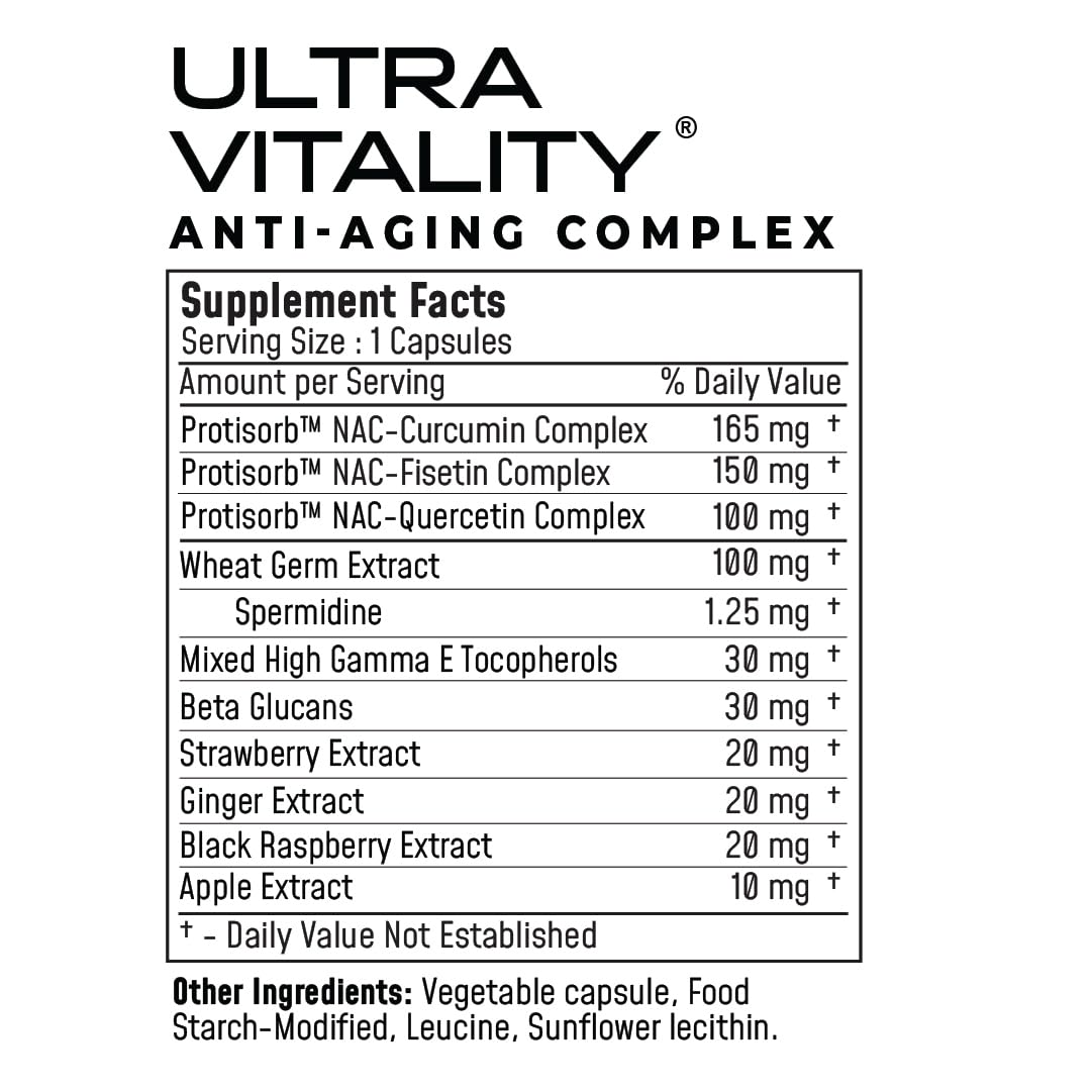UltraCur UltraVitality capsules close-up highlighting essential senolytic blend.
