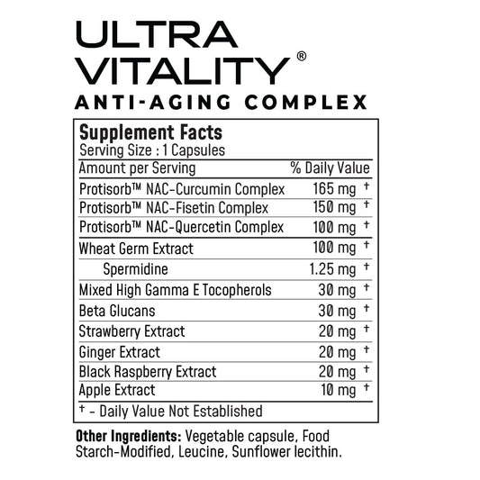UltraCur UltraVitality capsules close-up highlighting essential senolytic blend.
