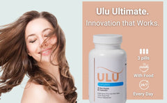 ULULIFE keratin and collagen pills closeup suggesting strengthening hair and nails.