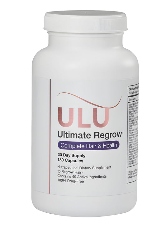 ULULIFE Ultimate Regrow bottle on a clean surface signaling daily hair, skin, and nails support.