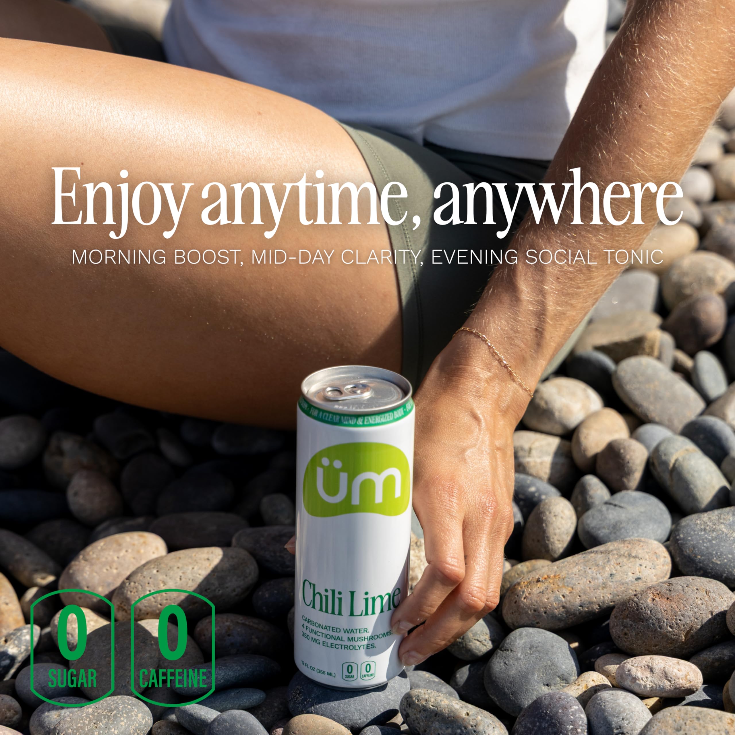 Ingredients panel highlights mushroom blend and electrolytes in üm Lemonade.