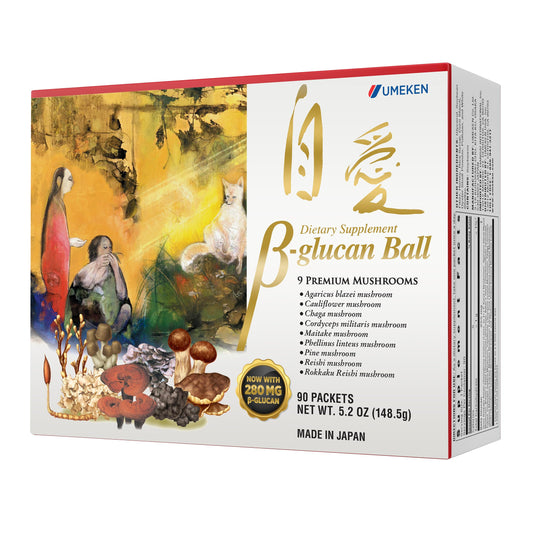 Umeken Beta Glucan box front showing a 90-count supply for daily use