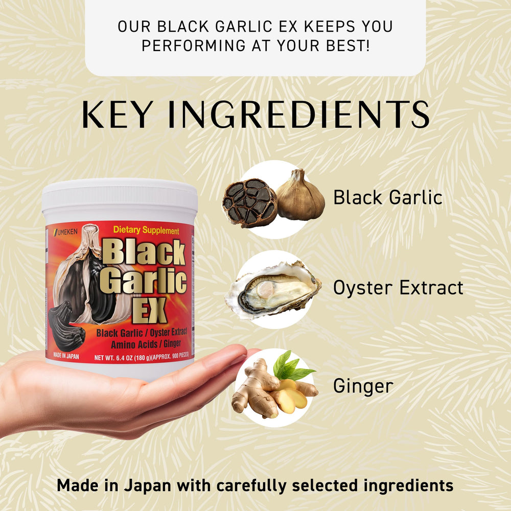 Ginger slices illustrate natural ingredients in Umeken Black Garlic EX