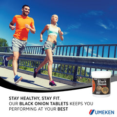 Graphic on Umeken Black Onion label illustrating antioxidants content.