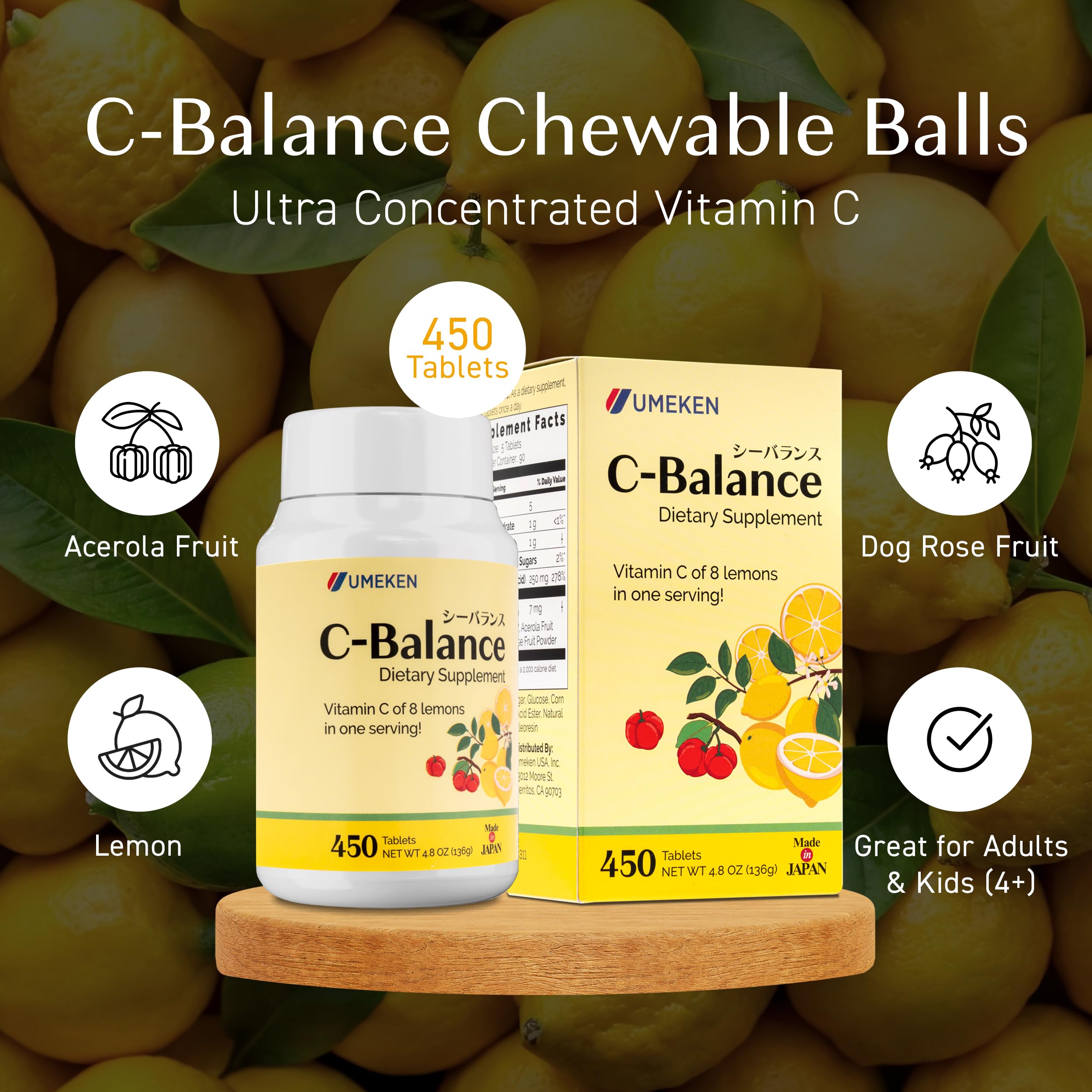 Umeken C-Balance texture close-up showing tangy citrus chewables for daily intake