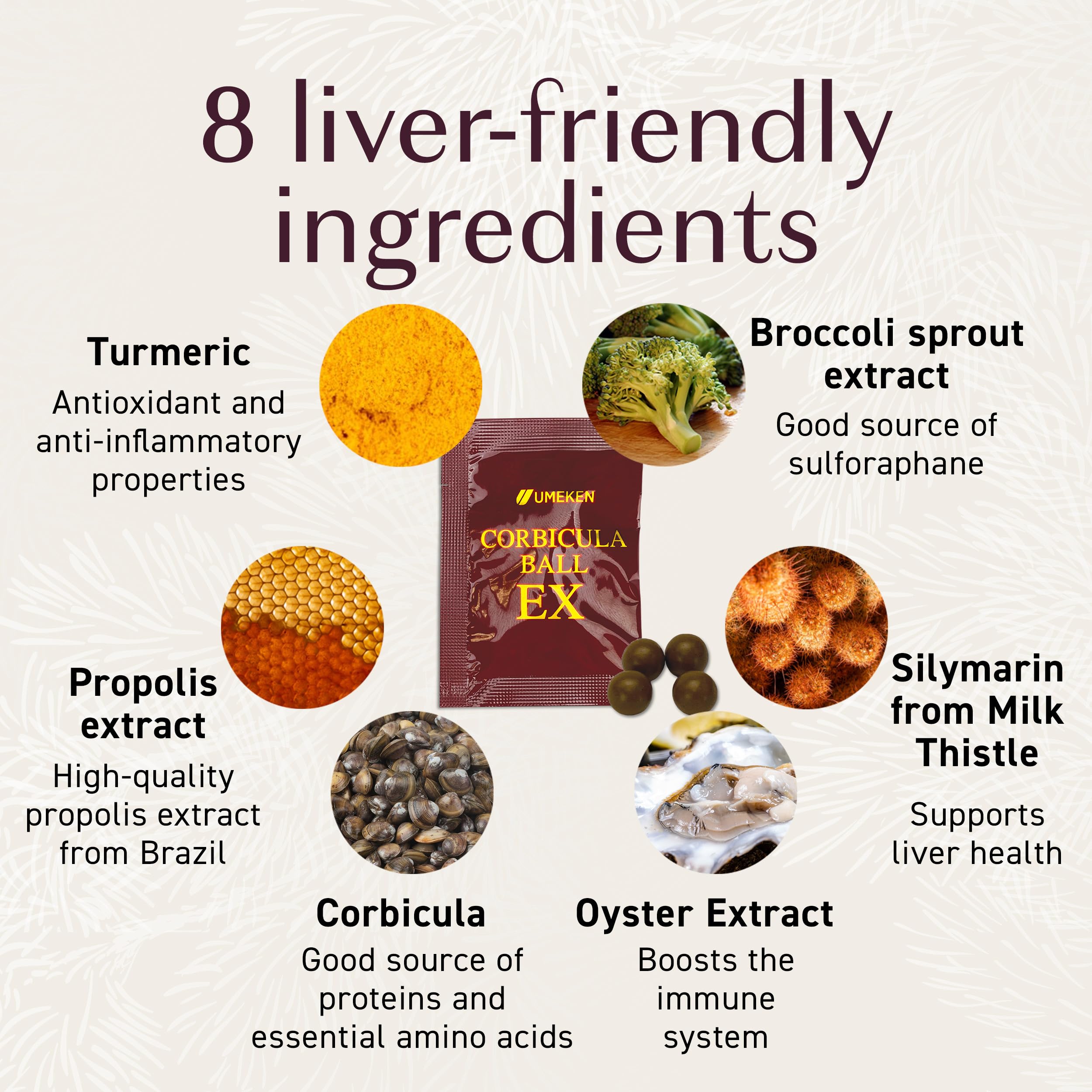 Umeken Corbicula Ball EX ingredients panel highlighting turmeric and silymarin.