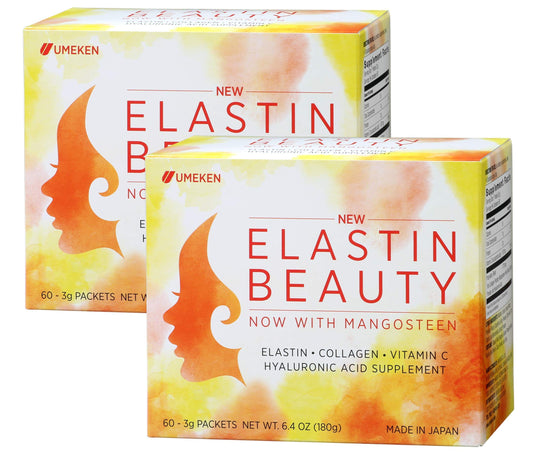 Umeken Elastin Beauty Powder bottle close-up showing premium collagen for hydration