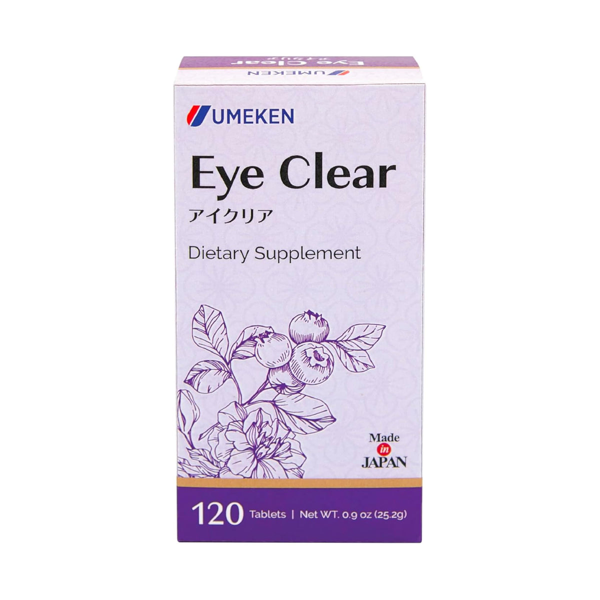 Umeken Eye Clear bottle packaging shows easy daily use with two tablets.