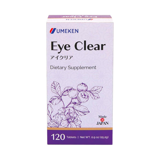 Umeken Eye Clear bottle packaging shows easy daily use with two tablets.