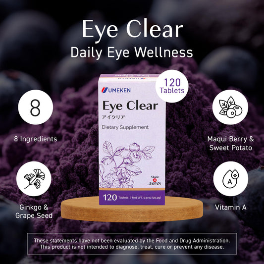 Umeken Eye Clear tablets closeup emphasizes small, easy-to-swallow pills.