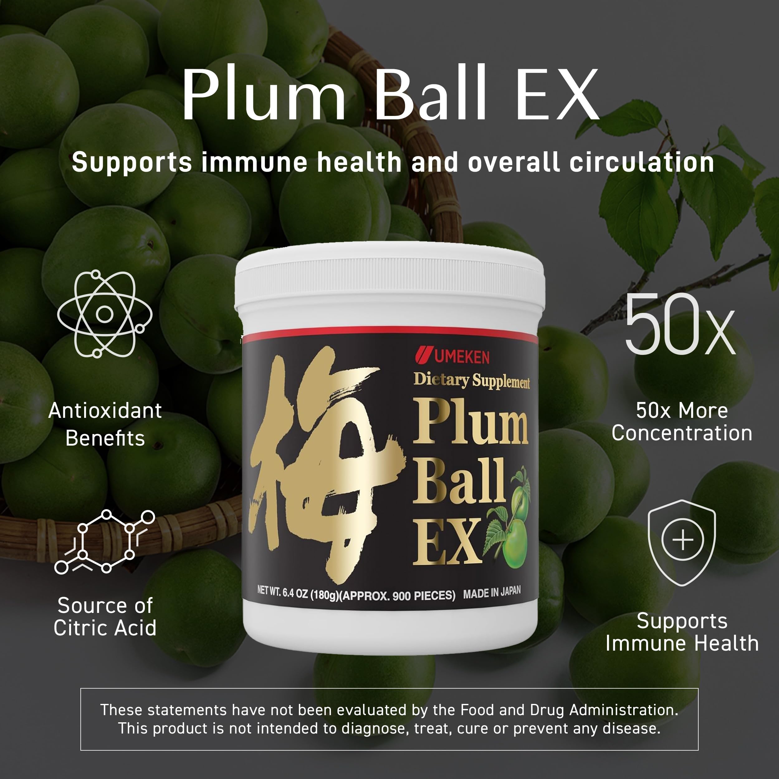 Umeken Plum Ball EX bottle label closeup highlights ingredients and antioxidants