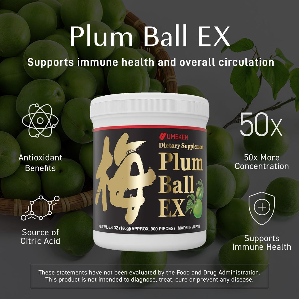 Umeken Plum Ball EX bottle label closeup highlights ingredients and antioxidants