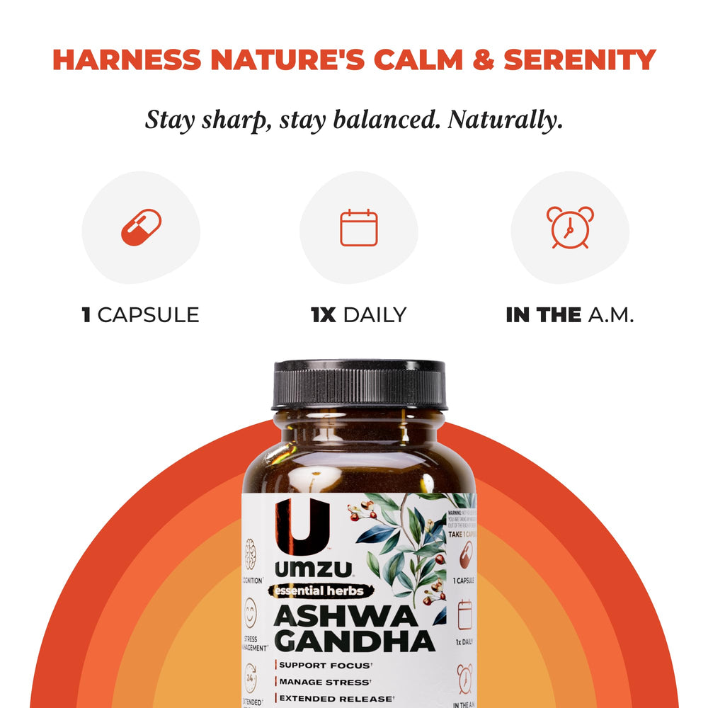 UMZU Ashwagandha bottle on a desk suggesting daily routine.