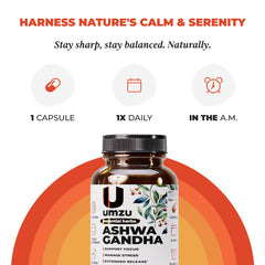 UMZU Ashwagandha bottle on a desk suggesting daily routine.