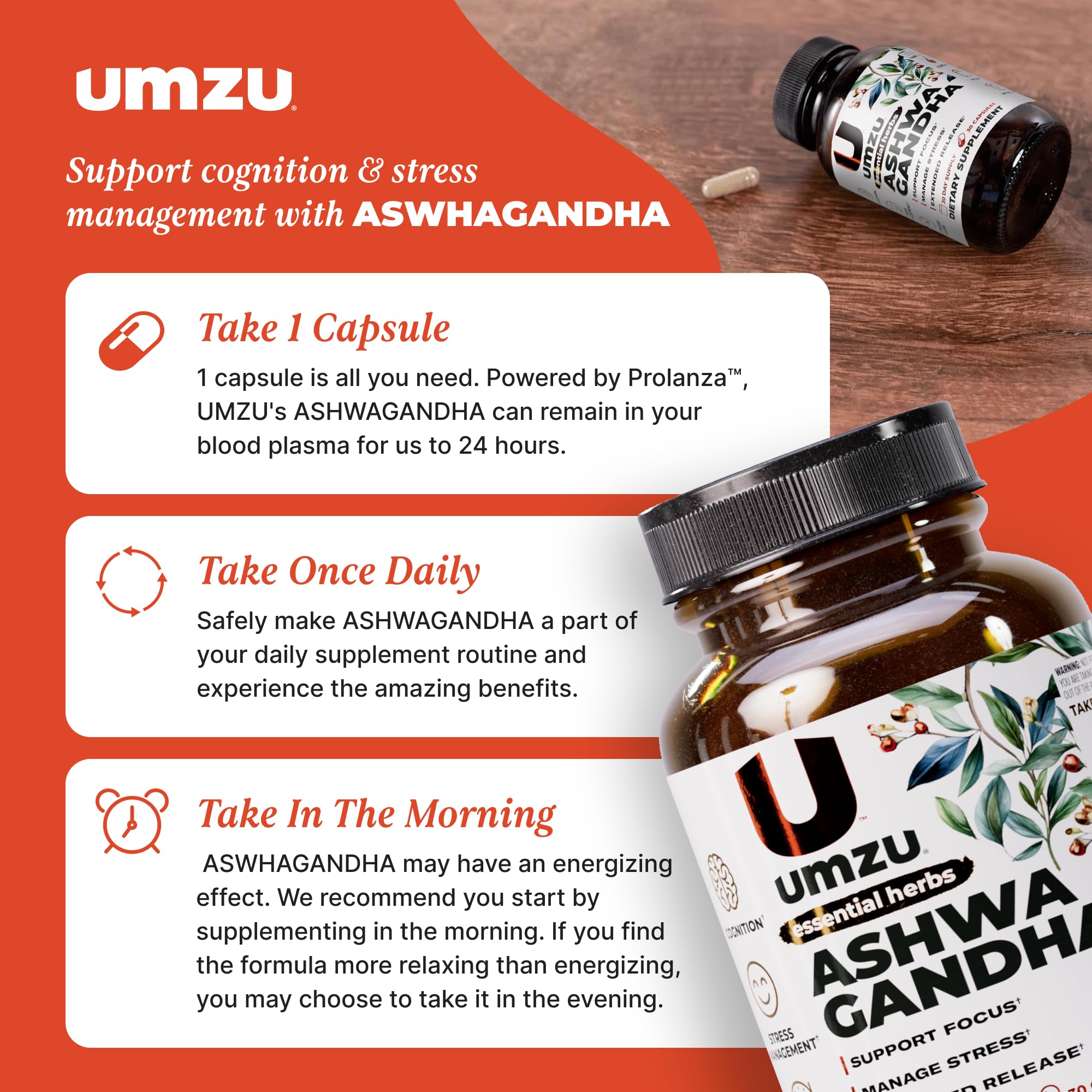 UMZU Ashwagandha capsules lined up for consistent focus.