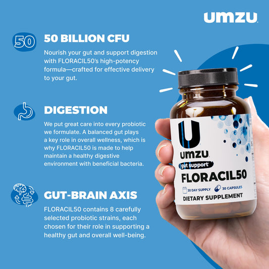 UMZU Floracil50 probiotic bottle back shows ingredient list and dosage guidance for digestion.