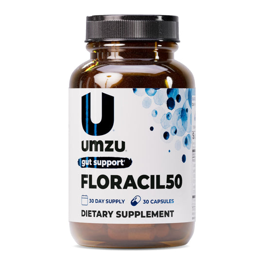 UMZU Floracil50 probiotic bottle front highlighting 50B CFU for gut balance.