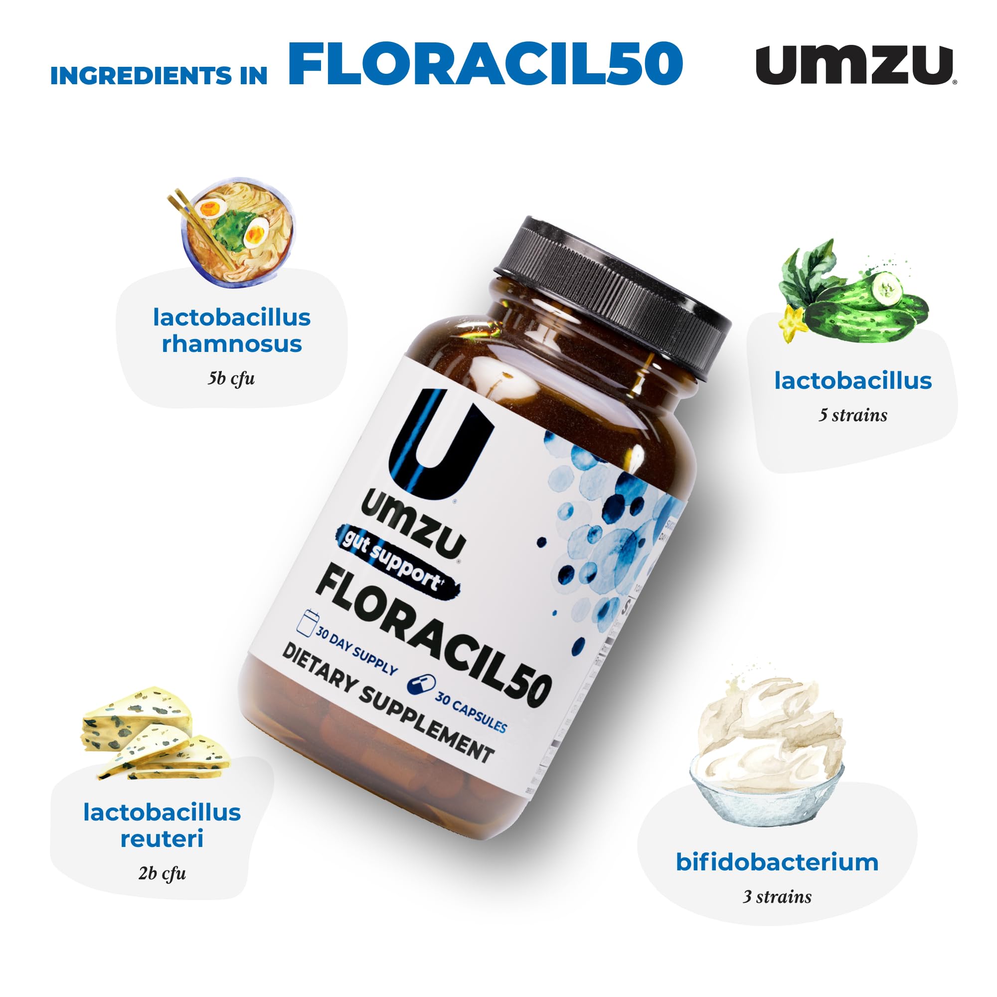 UMZU Floracil50 label detail noting CGMP quality and lab testing for reliability.