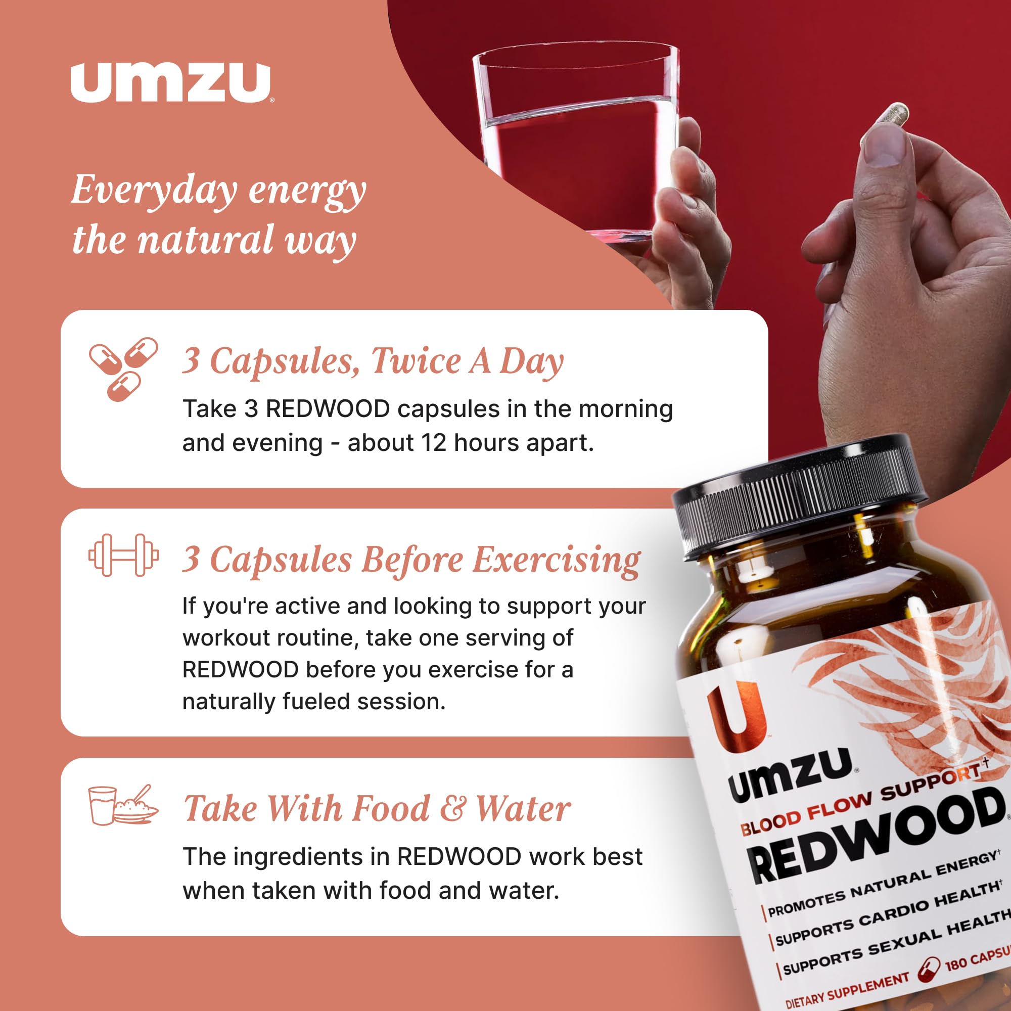 UMZU Redwood capsules closeup for a simple daily supplement ritual.