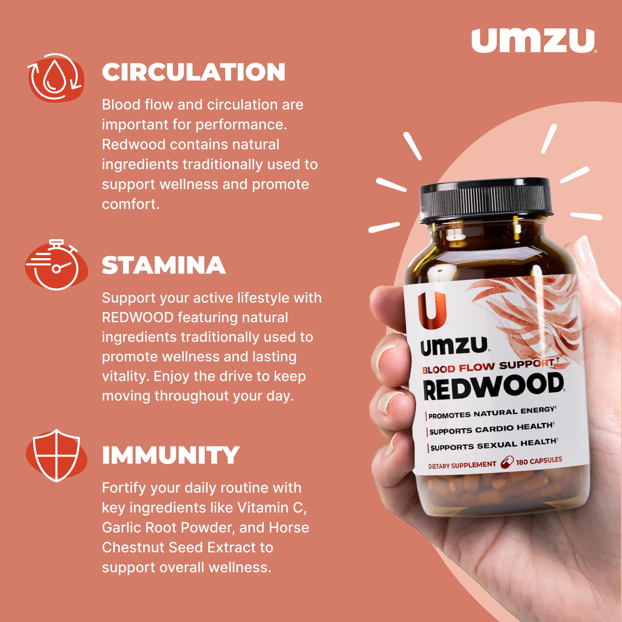 UMZU Redwood with garlic visual highlighting garlic’s role in circulation support.