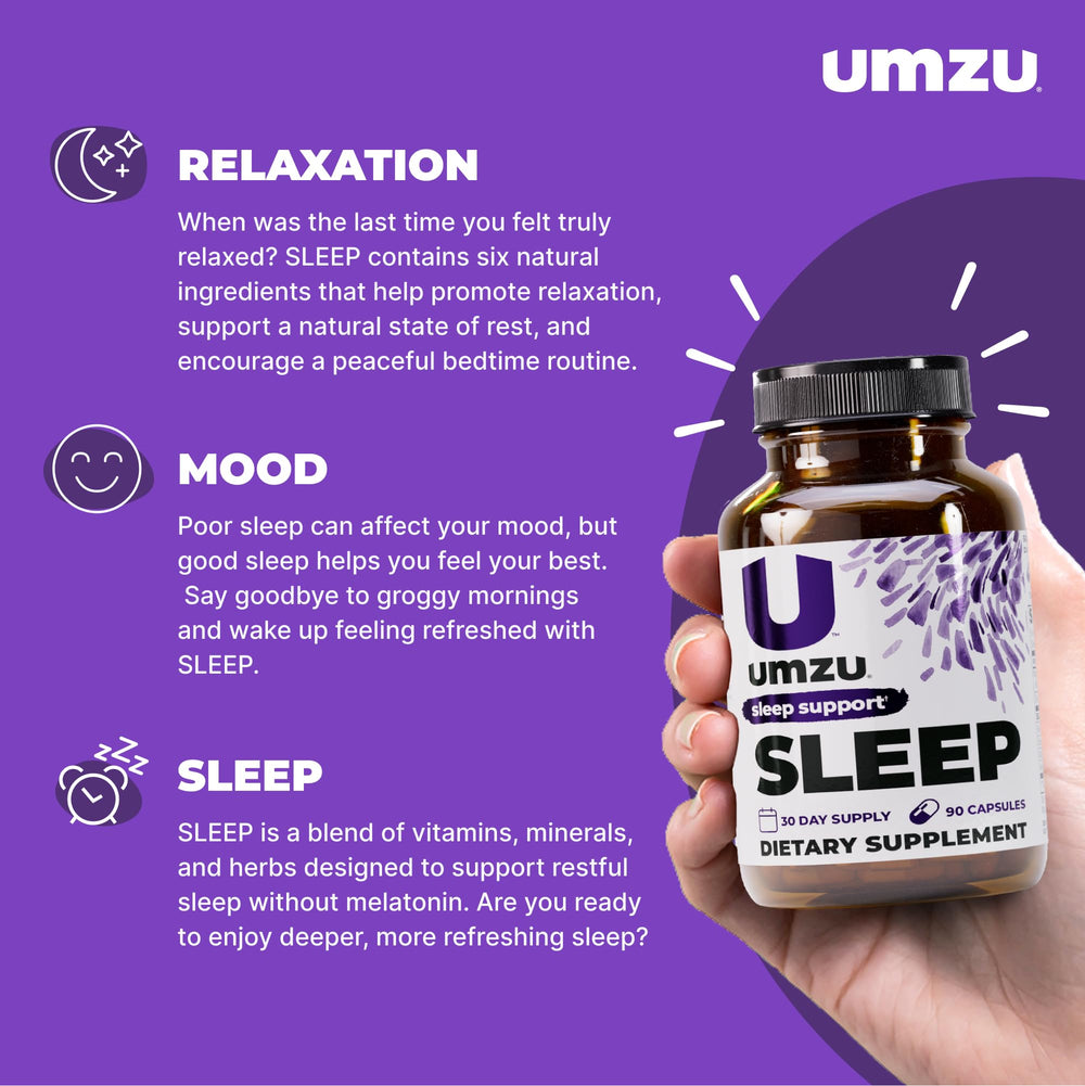 UMZU Sleep capsules closeup demonstrating melatonin-free relaxation support.