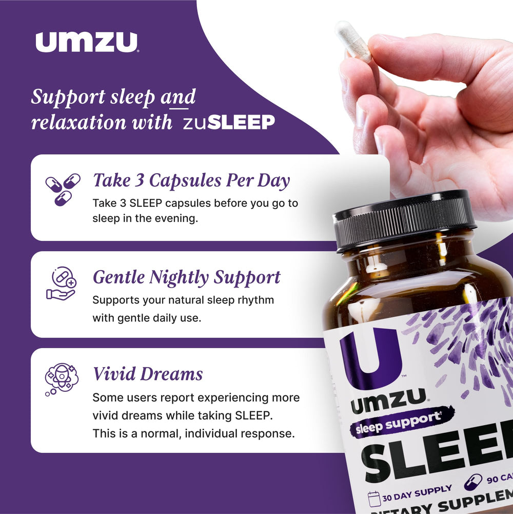 UMZU Sleep zinc herbal extracts label closeup for nervous system balance.