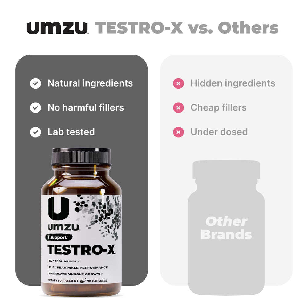 Active-lifestyle scene with UMZU Testro-X suggesting post-workout recovery potential.