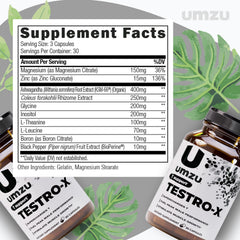 UMZU Testro-X ingredient detail featuring Ashwagandha for stress response.