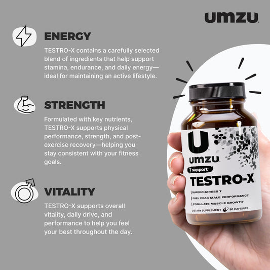Close-up of UMZU Testro-X capsules showing convenient daily recovery support.