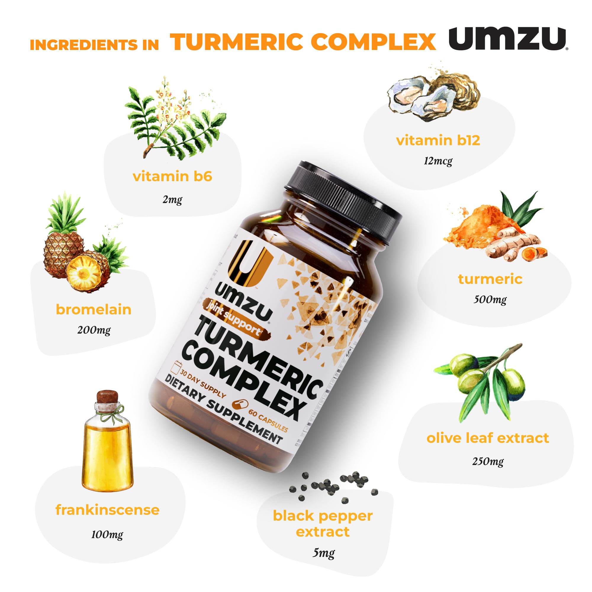 UMZU Turmeric Curcumin label with bromelain and boswellia highlights joint support ingredients