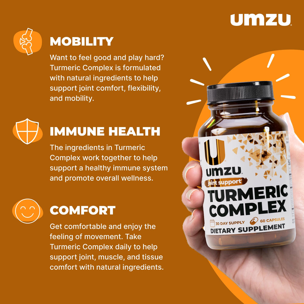 UMZU Turmeric Curcumin capsules closeup shows easy-to-take capsules for daily consistency
