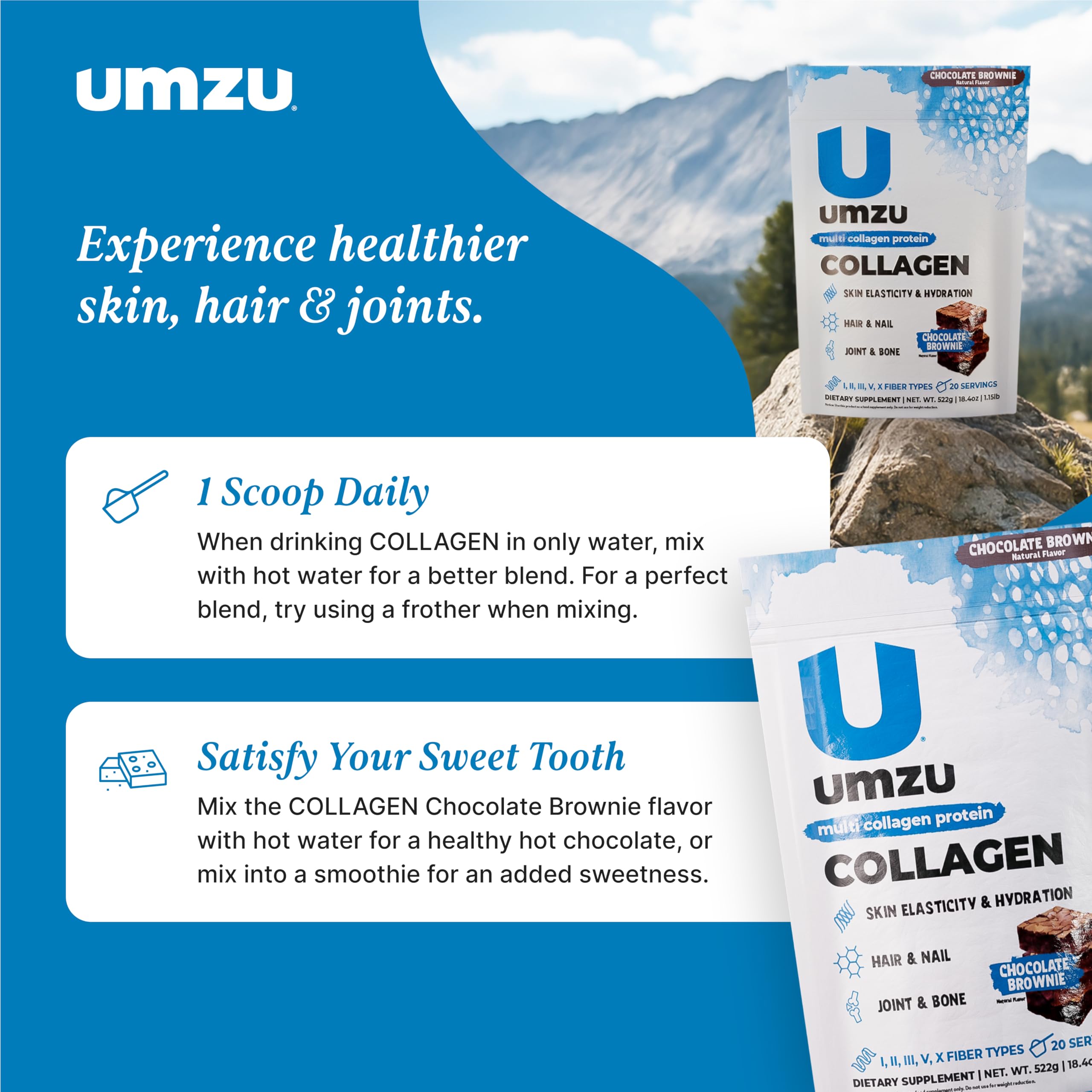 UMZU zuCollagen Chocolate ingredient closeup showcases five peptide types.