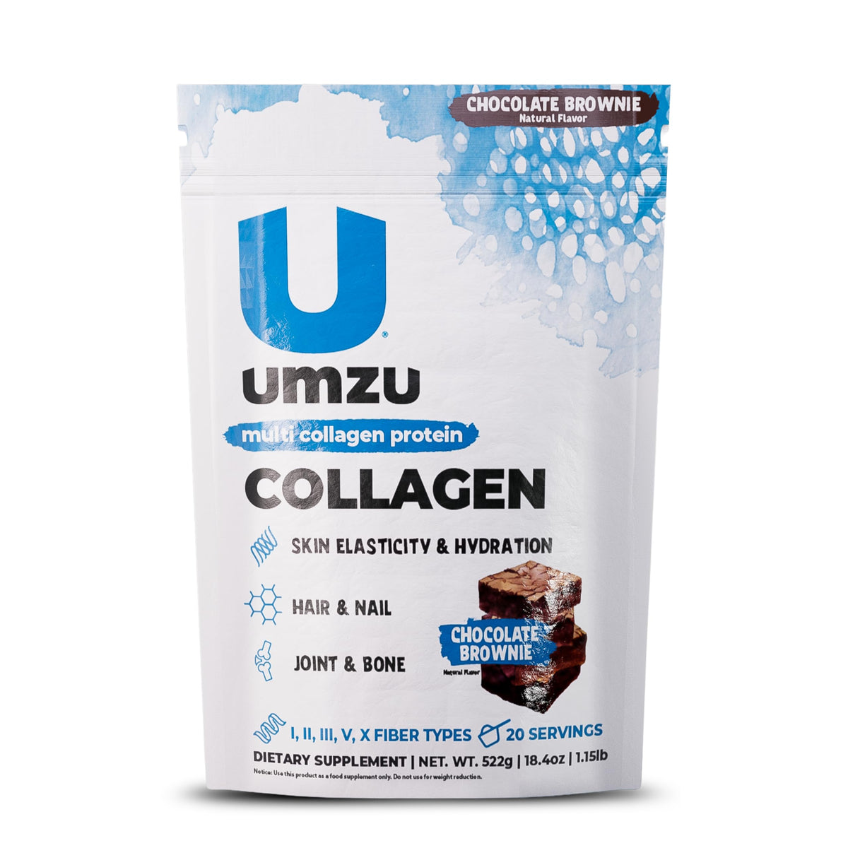UMZU zuCollagen Chocolate packaging highlights five collagen types for daily recovery.