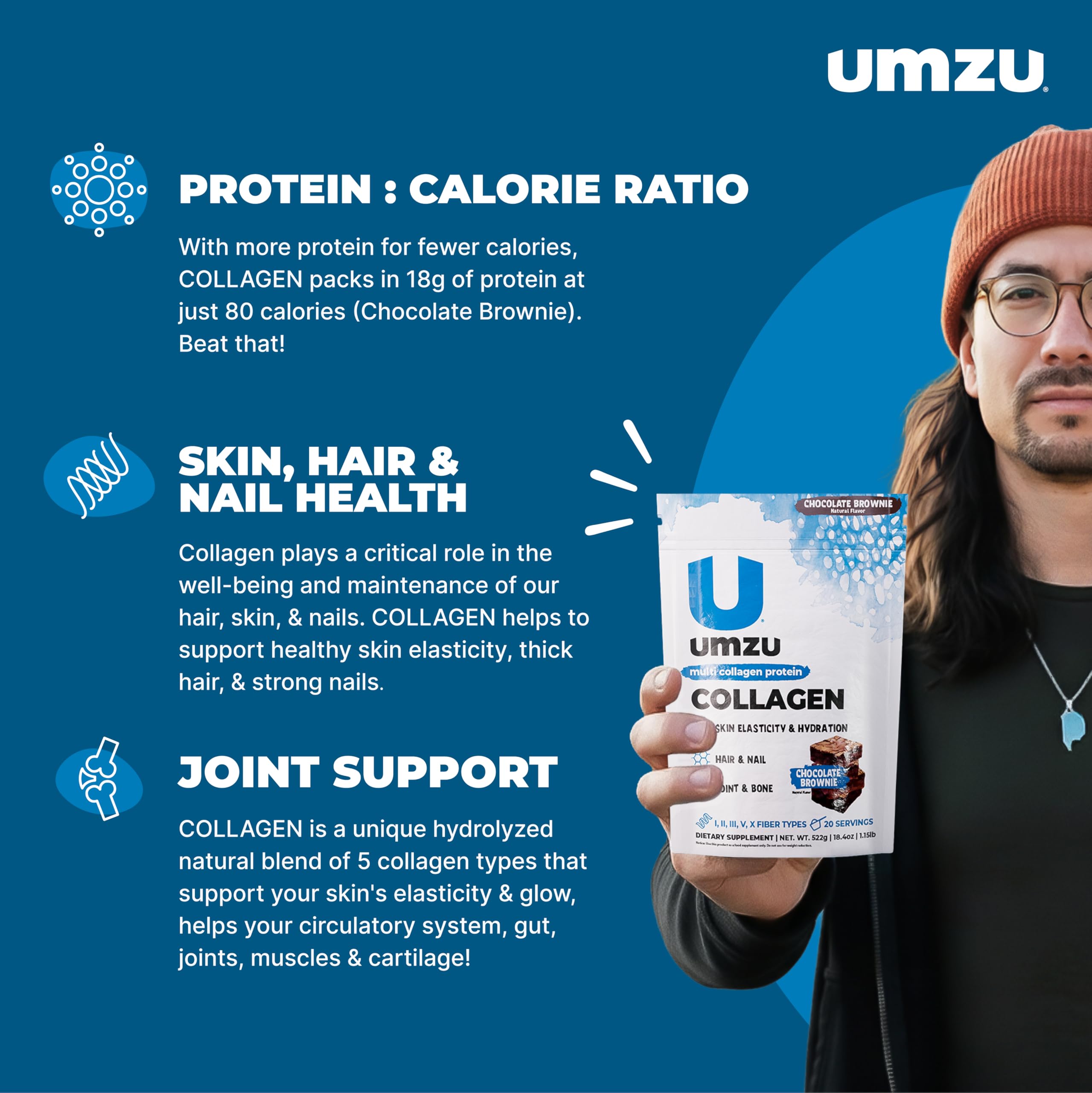 UMZU zuCollagen Chocolate scoop shows convenient 20g protein per serving.