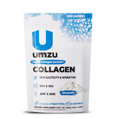 UMZU zuCollagen tub-front showing sleek packaging for daily protein support and vitality.