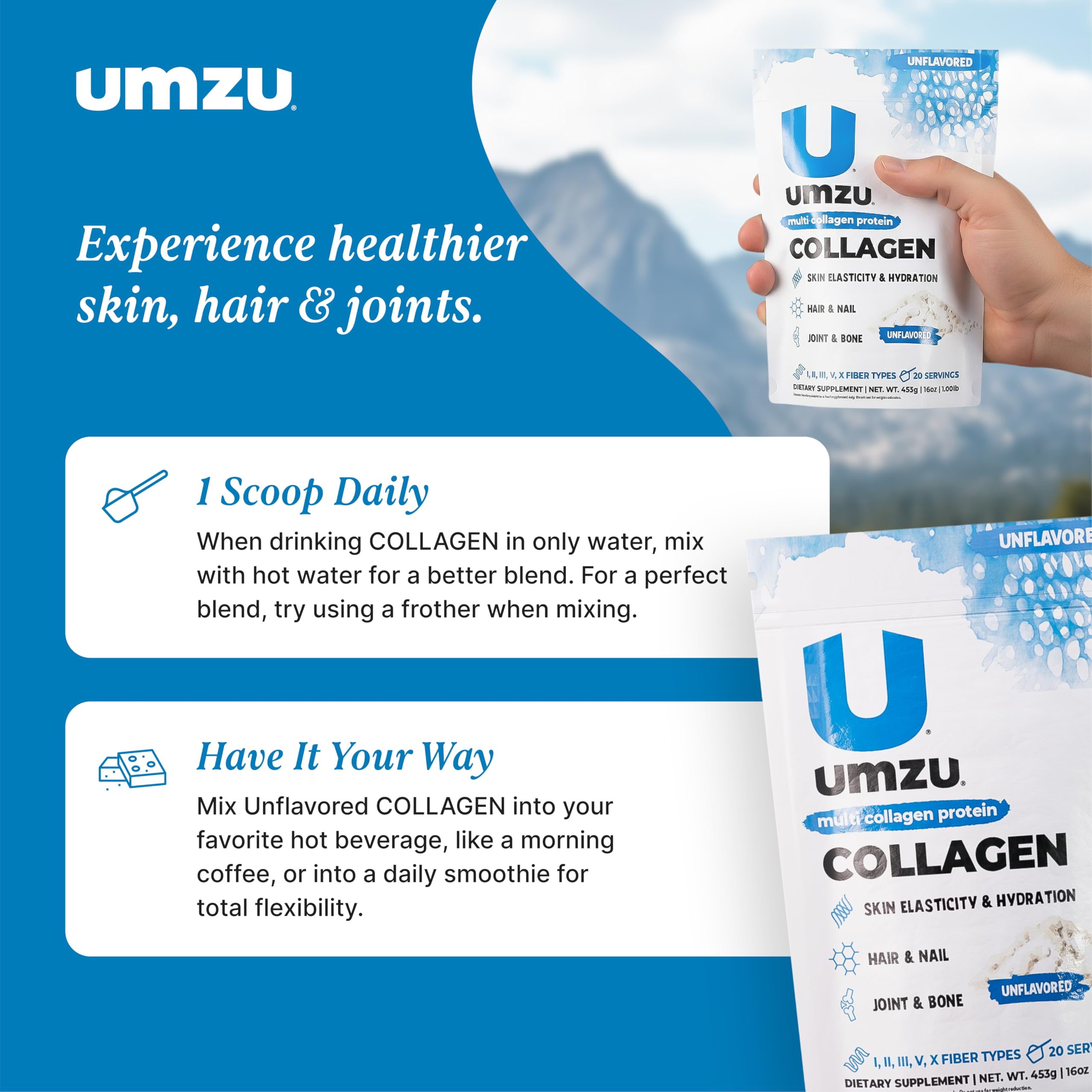 UMZU zuCollagen-unflavored-powder blending into hot tea for versatile use.