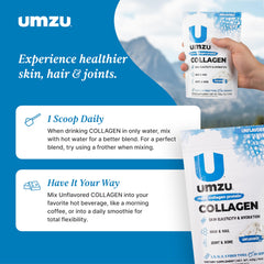 UMZU zuCollagen-unflavored-powder blending into hot tea for versatile use.
