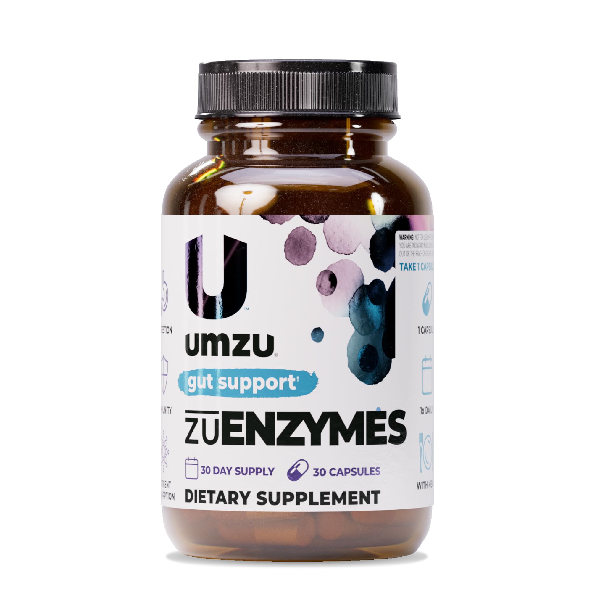 UMZU zuEnzymes bottle front showing 21-enzyme blend for digestion support.